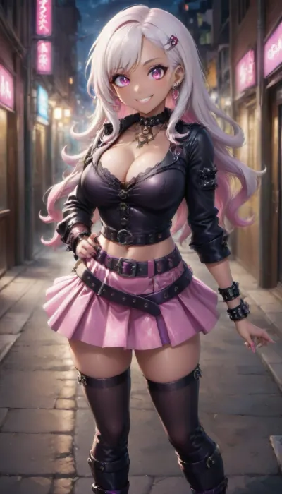 Street, night, neon, gyaru, gothic, smiling, excited, cleavage, white hair, long hair, pink skirt, (belts:1.5), black stockings, high boots, earrings, jewelry, hair ornaments