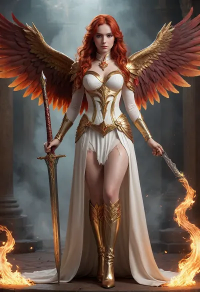 Full body, Talene, resurging flame, (AFK_Journey), angel, obsidian finch, female, mage, fire magic, elegant, radiant, caring, kind, extremely long fire red hair, pale skin, white dress with feather motif and gold accents, white thigh high boots with gold accents, white sleeved gloves that go to her elbows with gold accents, two sets of fire red wings sprouting from her back, large sword with fire motif, phoenix aesthetic, celestial vibes
