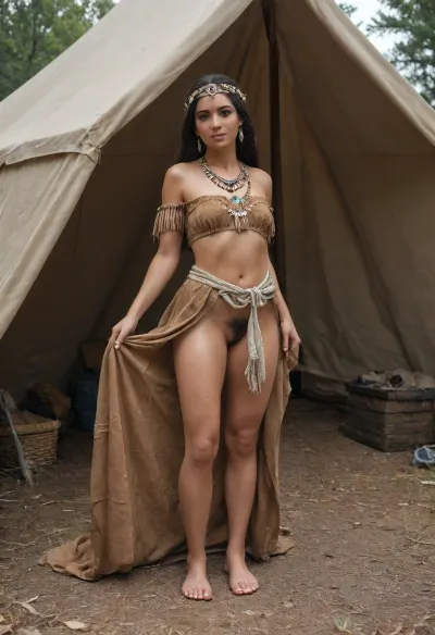 Pocahontas being fucked by a cowboy in the entrance of her tepee, typical indigenous tepee, big wigwam, huge tent, outside in the veld, feathered headdress, feathers in hair, traditional clothes, (American Indian:1.2), (whole tent in picture), hairy pussy, sweaty skin, skin pores, oily, greasy hair, (skyscrapers in background:1.3), (contrast between traditional and modern world), (modern town in background)