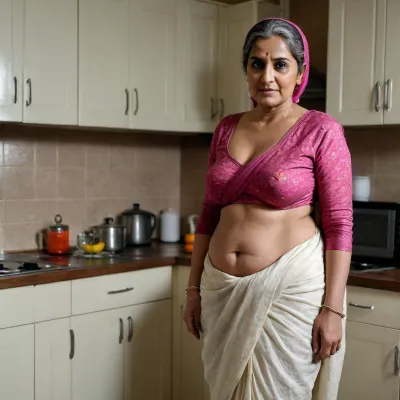sexy mature 70 years old thick muslim woman, long saggy tits, cute, no makeup, removing saree, cleavage shown, navel, full body, long distance photo, in kitchen