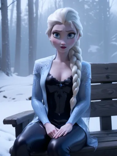 8k, highres, NSFW, 1girl, Elsa from Frozen is sitting on a bench, she is wearing a black latex suit with a low clevage, she has large breasts, she is looking to the side, felsa, outdoors, snow, forest, face the viewer, <lora:elsa5-real:1>