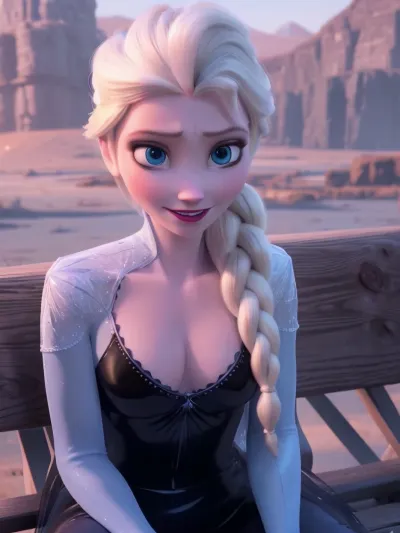 8k, highres, NSFW, 1girl, Elsa from Frozen is sitting on a bench, she is wearing a black latex suit with a low clevage, she has large breasts, she is looking to the side, she is smiling shyly, felsa, outdoors, snow, forest, face the viewer, <lora:elsa5-real:1>