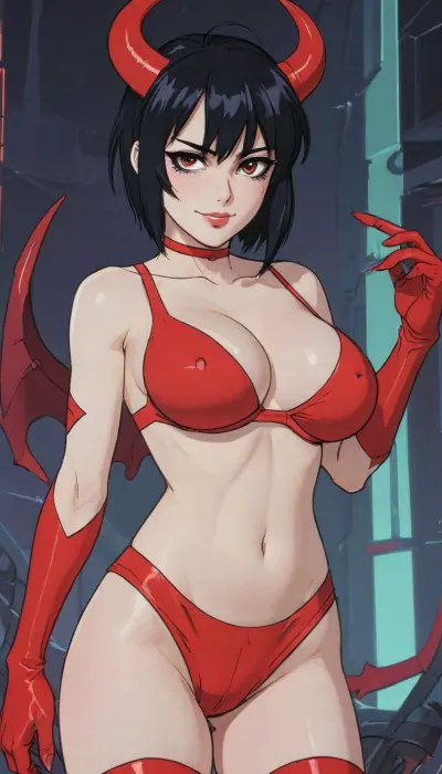 (ratatatat74), 90s Anime, (Outline), (cartoon), tooned, 1girl, cartoon, low color palette, sexy, painted, illustration, made in adobe illustrator, no gradients, incase style, demon girl smiling, full body, (Huge breast), Milkers, straight demon horns, slutty clothes, revealing, emo and goth accessories, (thick hips), black hair, (red skin), Wide hips, makeup, thick eyebrows, eyeshadow, lips, simple abstract background, concept, art, by, syd, mead, retro, futuristic, flat, colors, Perfect Hands, <lora:ratatatat74-000050:.5>, <lora:outline_xl_kohaku_delta_spv5x:.1>, <lora:cartoon_stickers_xl_v1:.3>, <lora:NEOTOKIOXL_0.2_RC:.2>