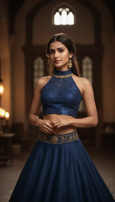 Богиня Бастет в своем храме с кошками.photo of snrk woman, conservatively dressed, wearing Sapphire high neck Ghagra Choli that covers the neck breasts and midriff, dynamic pose, simple medieval interior background in bokeh