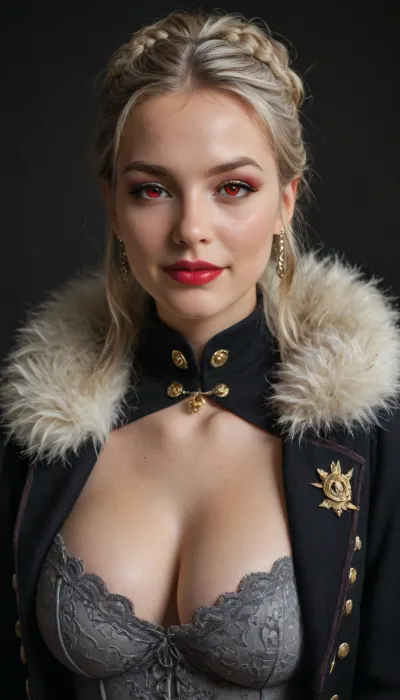 beautiful white girl, beautiful skin, 1girl, detailed face, beautiful woman's face, simple background, looking at viewer, milf, black background, character, solo, gloves, grey shirt, black jacket, uniform, military uniform, black gloves, smile, fresh, parted lips, upper body, thighhighs, starsector, red lips, collarbone, lipstick, makeup, lips, dark, erotic, (theme), pale skin, eyelashes, high collar, female focus, exhausted, holster, sinister smile, naughty smile, sexy, seductive, thick eyebrows, thick eyeliner, dark eyeshadow, full lips, alluring, mature, busty breasts, glowing eyes, red eyes, coat, cape, long hair, fur trim, braid, single, hair bun, bluspi, closed mouth, silver hair, red eyeliner, blonde hair