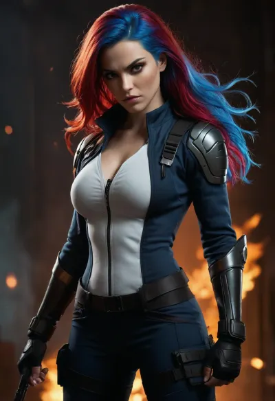 Create a white skinned full-body illustration of a powerful and captivating female character with a unique mix of blue and red hair, blending seamlessly into a fiery gradient. Her long, layered hair flows past her shoulders, with strands that move like flame and water combined. She has a sharp jawline and intense hunter eyes that reflect her fierce determination. Her thick eyebrows and long, voluminous eyelashes give her an intimidating yet beautiful look.

She wears a sleek, form-fitting tactical jacket — dark in color with subtle glowing accents that match her hair tones. The jacket has a high collar, multiple utility pockets, and reinforced shoulder pads. Underneath, she wears a dark crop top or armored vest. Her pants are fitted combat-style trousers with straps and knee guards, tucked into high-tech combat boots.

Her posture is confident and alert, standing tall with one hand on her hip and the other possibly holding a weapon or gadget. The overall aesthetic should blend futuristic and street-fighter vibes, with strong visual contrast and energy.