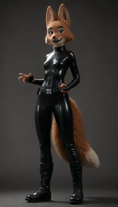 (Diane Foxington from "The Bad Guys":1.5), (fox:2), (furry:2), (slim body:1.3), (A big smile), head is tilted, (A sly smile:1.6), (big eyes:.5), (Closed, very detailed, (rubber:.5), Skin-tight Ninja Costume:1.2), (shiny:1.7), big free belt on waist, long legs, one hand on waist, one legs on spread, (big short heavy boots:1.7), standing, (full view:1.5), (side angle shot:1.7), face, taking, her, bad-picture-chill-75v, CyberRealistic_Negative, <lora:dark:.4>, <lora:679571_training_data:.8>