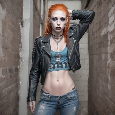 1girl, punk girl, 18 years old, young adult, pretty face, young face, slim skinny body, pale skin, freckles, gothic makeup, plaster on the bridge of the nose, blue eyes, face piercing, eyebrow piercing, lip piercing, ear tunnels, ginger dreadlocks, old worn leather biker jacket, with badges, with patches, with pins, spikes on shoulders, naked body, visible boobs, nipple piercing, torn jeans, grinder boots, jeans lowered, spreading anus, anus, sperm leaking, skateboard, back alley, standing, looking at viewer, front view, leather jacket opened, spreading anus with hands, showing stretched anus, sperm leaking from anus, high quality, clear details, photorealism