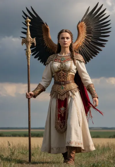 A realistic depiction of a strong Hungarian warrior woman standing on the Róna, (Great Hungarian Plain), wearing traditional Magyar warrior clothing adorned with authentic Hungarian folk embroidery and motifs. Her expression is fierce and determined. She holds a spear or sword. Behind her, a majestic Turul bird with its wings fully outstretched, standing protectively. The scene is set in golden hour lighting, with a dramatic but natural sky, and the vast landscape of the Puszta stretching into the distance. Photorealistic, high detail, cinematic composition.