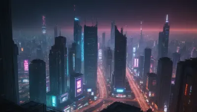 Magnificent urban landscape, magnificent landscape, Street, night, neon, roof, (cyberpunk:1.8), (skyscrapers:1.4)