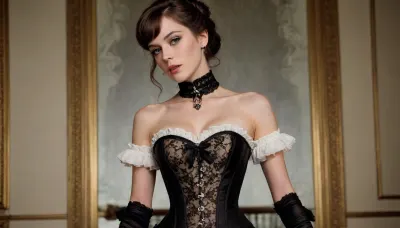 1970s poloriod photo, ((full body in shot)), ((brunette with a fringe)), ((anorexic)), A vintage-style full-body portrait of a woman dressed in an elaborate Victorian-era inspired costume, exuding elegance and charm with a touch of theatrical flair. The outfit features a structured white corset with black beaded detailing along the neckline, creating a sophisticated and glamorous contrast. The corset accentuates her figure, while the black lace gloves add a delicate yet bold element to her look., [Photorealistic, moody portrait], [Inspired by the work of Annie Leibovitz], QuarterCup, <lora:236276_training_data:.8>