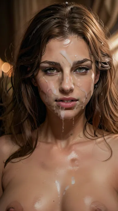 cinematic, photography, queen, dark background, immersive, muted, deep cleavage, light brown hair, HD, skin pores, full lips, extreme mouth detail, realistic detailed skin, realistic skin, High Res, 4k, masterpiece, Ultra realistic, natural skin tone, high definition, high quality, realcumAI, cohf, face, covered, in, semen, woman, <lora:facialized:.5>, <lora:cohf:.5>