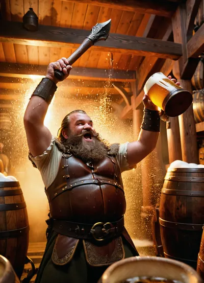 dwarf, armor, axe, lots of beer, barrel, bar, carry barrel, orgy, drinking, (drunk:1.4), big wooden mug, (clink mugs:1.4), lord of the rings, brawl, fight for beer, (foam:1.3), (beer:1.3), rain, wet, spit, beer explosion, from below