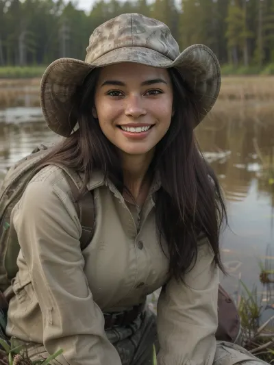 Detailed portrait, natural skin with visible texture, soft lighting that accentuates real features, big smile, laugh, shiny sking, black hair, focus on expression, blurred background, no digital retouching, high-definition photo quality a woman sitting in a field with a dog, hunters gear, hand holding cap brim, cute seductive smile, inspired by Doug Ohlson, her skin is light brown, in a swamp, very long flowing dark hair, face symmetry, intrincate clothing, femme fetal, in a nest