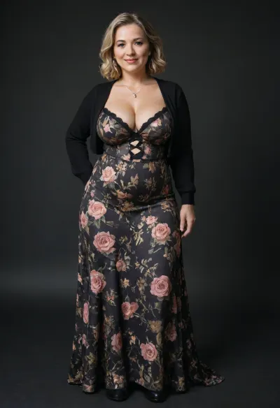 milf, bbw, curvy, 39 years old, facial features include a symmetrical face with a straight nose, a gentle smile, and expressive eyes. She has shoulder-length, wavy, light brown hair. Her skin tone is light. Her body type is a medium build. She is wearing a black cardigan-style top over a floral-patterned dress. The dress is a midi length with a v-neck and cleavage. 32b breasts. The floral design includes various shades of pink, purple, and white flowers on a black background. full body.