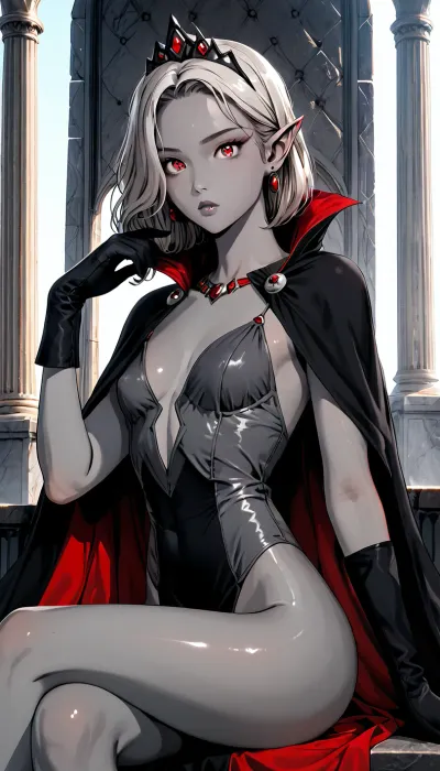 masterpiece, 8k, high quality, ultra detailed body and clothes, 1girl, dark elf, 25 yo, (grey skin:2), she is the dark evil queen, white straight hair, red eyes, correct eyes with pupils, detailed eyes, horny, detailed perfect face, grey lips, evil eyes, seductive, extremely beauty, small rounded breasts, super waist, hourglass shape, (lean body:1.3), lean abs, perfect small rounded ass, look at the viewer, The Dark Queen's black outfit and black cape, black gloves, the whip is in her hand, black tiara, full dark, sitting on the dark-stoned throne, in the dark-stoned palace, night time, wide angle, <lora:1990-2:.8>, great, lighting, <lora:great_lighting:.8>