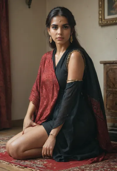 Indian women in red and black sari on her knees shee not wearing tlany think inside