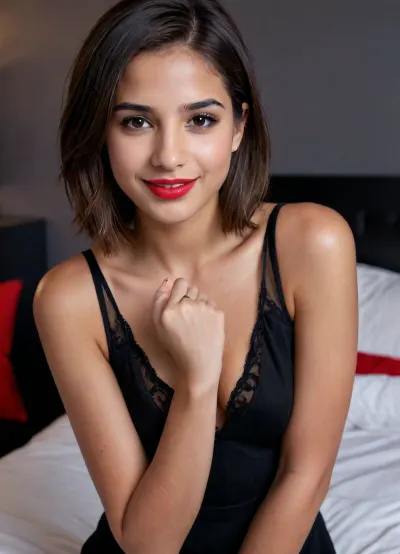 close-up portrait of Naomi Scott 18 year old, beautiful sexy, (skinny), (Brunette), posing in a short black dress, (very sexy horny), smile, bobcut, standing by her bed, lipstick, good hands, perfect fingers, red polish
