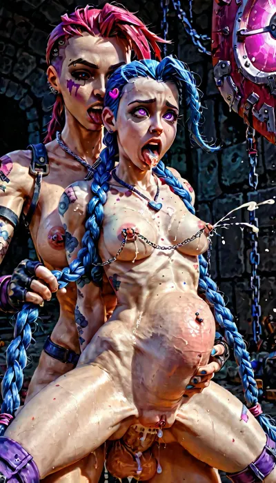 ((Vi, from arcane, look of ecstacy, pierced nipples, hands pinning Jinx shoulders), athletic, Futa with a large veiny cock), (Futa cock:1.2), anal fanny packing a, ((Jinx from Arcane), ahegao face, (ahegao face:1.1), tummy bulge, hands cradling belly bulge, nipple chains, lactation, (lactation:1.1), cum vomit from mouth, (cum vomit from mouth:1), eyes wide open in shock, hear shaped pupils, eyes glowing bright purple), anal, anal cream pie, cum dripping from pussy, cum in mouth, cum dripping from mouth, onarmor, meat shield, perky breasts, chain, size difference, bound, dark dungeon, underground cave, crisp, hdr, <lora:onarmor_xl:1>