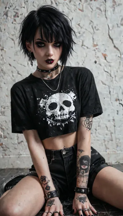 Emo, emo girl, makeup, emo clothes, short hair, thin, perfect figure, piercing, pink and black clothes, sitting on the floor
