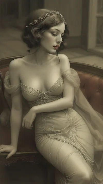 A languid beauty, circa 1920s, embodying the decadence of the era. She is a slender woman of Caucasian descent, appearing to be in her late twenties, with a pale complexion and dark, expressive eyes. Her posture is one of elegant weariness, she reclines against a plush velvet armchair, her body slightly arched, conveying a sense of subtle languor, (She's drunk:1.5), ((the eyelids are half-closed:1.5)), (((the lips are slightly parted:1.5))), Her dark hair is styled in a fashionable bob, cascading softly around her shoulders. She wears a shimmering, emerald green silk gown, the fabric clinging subtly to her form, adorned with delicate silver beading at the neckline and waist. Her expression is one of quiet melancholy, her lips slightly parted in a sigh. The room is dimly lit, casting long shadows, enhancing the overall atmosphere of sophisticated weariness. The armchair is antique, its dark wood polished to a high sheen, contrasting with the vibrant green of her dress. A single, long-stemmed red rose rests on a small table beside her, a touch of vibrant color against the subdued palette. The scene is rendered in the style of Art Deco, with sharp lines and geometric patterns subtly woven into the background. The overall mood is one of refined melancholy, capturing the essence of a lost era's wistful beauty. The lighting is soft, diffused, creating a chiaroscuro effect that highlights the contours of her face and body. The camera angle is slightly elevated, offering a three-quarter view of the subject, capturing her elegant posture and melancholic expression., vaguely, vintage, JnTrp, <lora:JnTrp:.8>