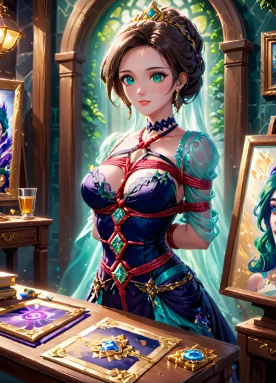 Shibari female, fantasy, intricate, elegant, highly detailed, digital painting, artstation, concept art, matte, sharp focus, illustration, hearthstone, art by Artgerm and Greg Rutkowski and Alphonse Mucha, epic fantasy, trending on artstation, <lora:shibari_bondage_-_v0.9.1.2-000010:.8>