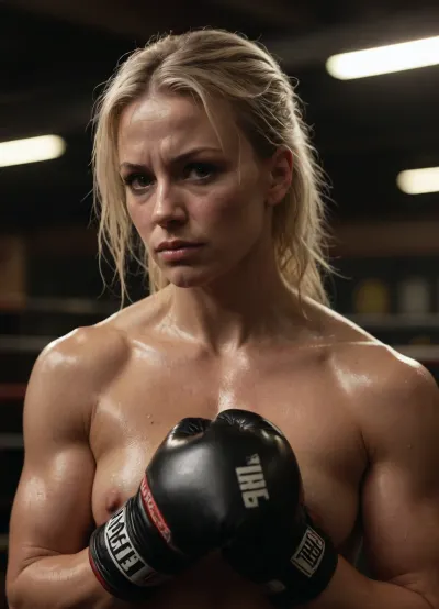 beautiful blond woman bodybuilder, inside a boxing gym, woman with mma gloves on, dripping in sweat, oiled skin, dark lighting in background, realistic, wrestling ring, UFC