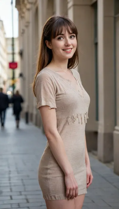 35 yo girl, very flirty pose, sideview, ((girl next door)), pretty, natural beauty, medium breasts, ((cute tall tall tall tall but average appearance:1.3)), ((cute tall tall tall tall)), ((pale skintone:1.2)), ((little bit chubby:1.4)), very flirty smile, showing teeth, ((unkempt hair)), ((straight hair:1.3)), ((symmetrical hair:1.5)), ((perfect fringe hair:1.5)), ((light brown bright hair)), ((very cute tall tall tall tall average youthful face:1.5)), outside, photorealistic, ((perfect composition)), ((perfect contrast:1.5)), ((perfectly balanced exposure:1.5)), ((perfect focus:1.5)), ((extremely realistic detailed lighting:1.5)), ((extremely realistic detailed shadows:1.5)), ((extremely detailed:1.3)), ((extremely high resolution:1.3)), ((16K UHD:1.5)), ((extremely realistic detailed skin texture:1.5)), ((extremely realistic detailed skinpores:1.5)), ((extremely realistic detailed face:1.5)), ((extremely realistic detailed eyes:1.5)), ((extremely realistic detailed hair:1.5)), focus on eyes, ((fully clothed:1.5)), random colored clothing, ((beautiful stylish clothing:1.5)), ((detailed clothing:1.5)), ((detailed environment:1.5)), Sweet_Sticky_xl-01, <lora:EnvyZoomSliderXL01:-1>, <lora:add-detail-xl:.5>, <lora:Sweet_Sticky_xl-01:.5>, <lora:neanderthal_last:.7>