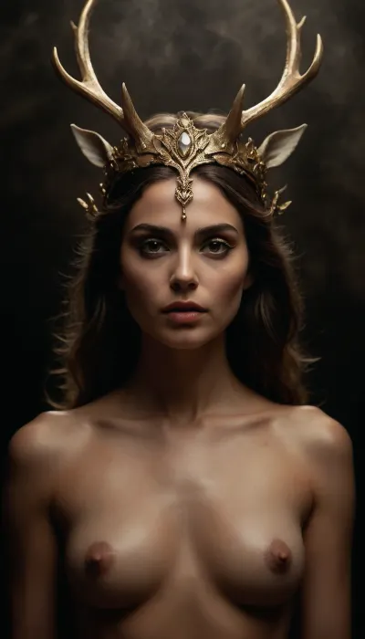 ((full body image)), A mesmerizing high-fashion nude art portrait of an Iranian naked woman, wearing an avant-garde crown crafted from majestic deer antlers. The lighting is dramatic and cinematic, with deep shadows and golden highlights sculpting her face and body. The background is dark and moody, with subtle mist swirling around, adding a mystical atmosphere. The antlers, adorned with delicate gold leaf accents, contrast against her smooth skin, symbolizing both strength and grace. Her gaze is intense yet ethereal, as if embodying a mythical goddess of nature and power. The composition blends elements of fine art photography, high-fashion editorial, and surrealist aesthetics, creating a striking visual masterpiece., true, detective, style, <lora:true detective style:1.1>