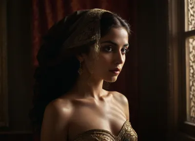 A high-art boudoir portrait of a naked Iranian woman, bathed in dramatic chiaroscuro lighting, evoking the timeless elegance of Baroque paintings. The interplay of deep shadows and golden highlights sculpts the delicate contours of her form, capturing an intimate yet enigmatic atmosphere. She is adorned in sheer, flowing fabrics that catch the light like liquid silk, partially revealing and concealing her silhouette in a dance of mystery. The background is a painterly blend of rich textures, reminiscent of old-world oil paintings, adding depth and warmth. Her gaze, soft yet powerful, speaks of untold stories, as Persian ornamental shadows—cast through intricate mashrabiya patterns—gently frame her figure. The ambiance is cinematic, infused with a poetic, almost surreal quality, as if time itself has paused to admire her presence.