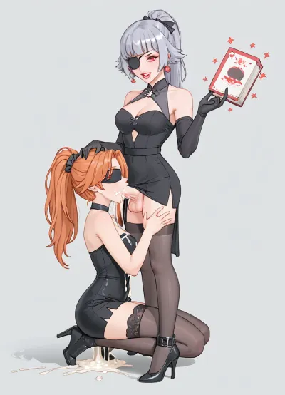 Sexy ginger 18 years old girl staying on her knees in front of herr futanari boss mistress, office sexy schholgirl outfit, mistress outfit, black skirt, haflnude, stockings, high heels, futanari boss put dick in her mouth and cum in her mouth deep throat, boss futanari holding her head, forced her head on his dick, oral sex, excessive, cum, vomcum, jinliu, default, clothes, silver, hair, blue, and, white, chinese, dress, 1girl, red, eyes, long, boots, black, gloves, bangs, bare, shoulders, ponytail, footwear, Blindfold, with, crescent, marking, eyepatch, covered, <lora:209970_training_data:.5>, <lora:jingliu-a3-Tanger-000014:.8>, <lora:cartoon_stickers_xl_v1:1.3>