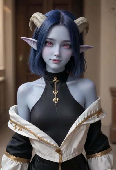 (Full body:1.5), solo, tiefling girl, masterpiece, best quality, 1girl, jesterlavorre, blue hair, purple eyes, freckles, (blue skin:2), colored skin, (horns:.1), pointy ears, upper body, smile, looking at viewer, wearing black sleeveless and trouserless bodysuit, one-piece black bodysuit, off-shoulder thin bodysuit, wears a thin bodysuit, wears high black stockings