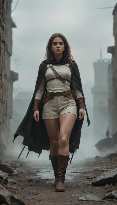 Cinematic photo of a warrior woman with long hair wearing a cape and sword in her hand walking away from the viewer, towards a dragon that looks like a titan in a battlefield. The place is filled with fog and debris. The dragon is shooting fire. The picture looks intense like an action movie poster. The warrior looks dwarfed by the dragon