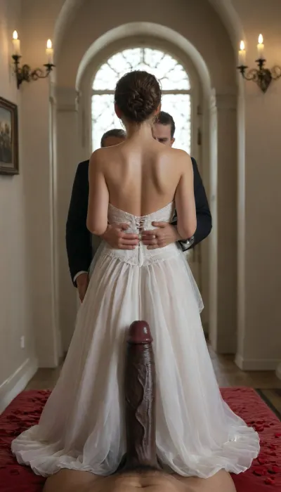 A romantic bedroom scene viewed from the POV of an giant black man with large black penis standing in the doorway, a bride in a beautiful white slutty wedding dress sitting on a luxurious bed, a white cuckold groom in a suit gently hugging her from behind, both looking at each other lovingly, soft candlelight and moonlight glowing in the room, rose petals scattered around, dreamy and intimate atmosphere, fantasy style, highly detailed, cinematic lighting, very, dark, focused, flash, photo, <lora:sdxl_darkflash_v6-000060:.8>