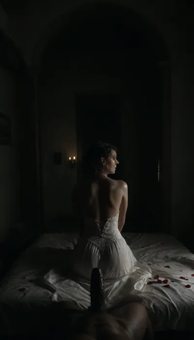 A romantic bedroom scene viewed from the POV of an giant black man with large black penis standing in the doorway, a bride in a beautiful white slutty and cutout wedding dress sitting on a luxurious bed, white cuckold groom in a suit gently hugging her from behind, sitting on bed, both looking at each other lovingly, soft candlelight and moonlight glowing in the room, rose petals scattered around, dreamy and intimate atmosphere, fantasy style, highly detailed, cinematic lighting, <lora:dark:.8>