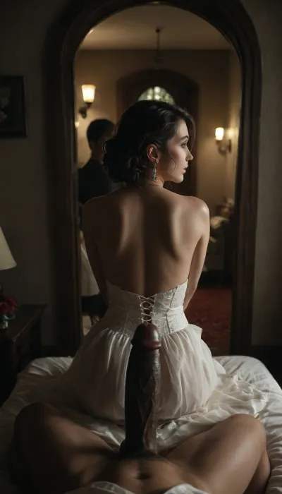 (POV of an giant black man with large black penis standing in the doorway, black man hold his large black penis), a bride in a beautiful white slutty and cutout wedding dress sitting on a luxurious bed, white cuckold groom in a suit gently hugging her from behind, sitting on bed, both looking at each other lovingly, soft candlelight and moonlight glowing in the room, rose petals scattered around, dreamy and intimate atmosphere, fantasy style, highly detailed, A romantic bedroom scene, cinematic lighting, <lora:dark:.4>