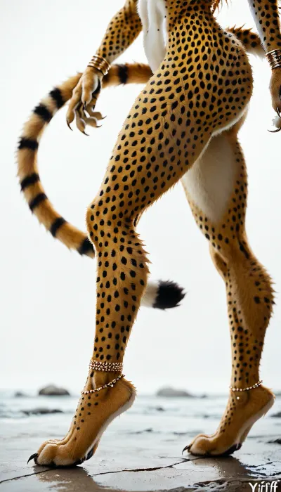 (yiff anthro furry cheetah:2), sexy thin body, tall and long, white background, golden jewelry, facial piercings, full body shot, (cat paws), walking on back legs