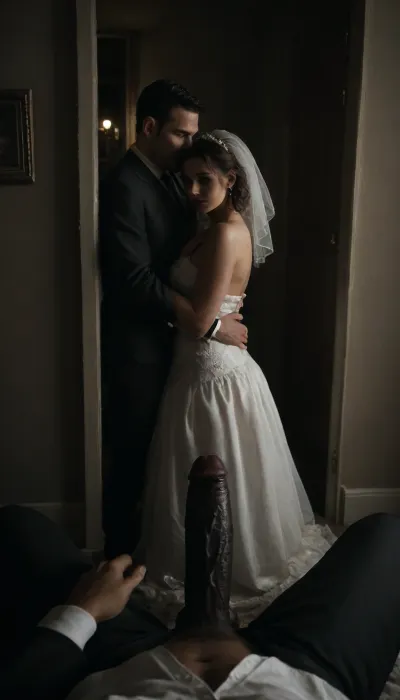 (POV of an giant black man with large black penis standing in the doorway, black man hold his large black penis near the cuckold Groom and bride), (The white cuckold man is lifting the bride's skirt), a Curvy Persian bride in a beautiful white slutty and cutout wedding dress sitting on a luxurious bed, ((white cuckold groom in a suit gently hugging her)), sitting on bed, (both looking at each other lovingly), soft candlelight and moonlight glowing in the room, rose petals scattered around, dreamy and intimate atmosphere, fantasy style, highly detailed, A romantic bedroom scene, cinematic lighting, romantic_couple_poses, <lora:dark:.5>, <lora:1365620_training_data:.5>, <lora:milkers_v2:.4>