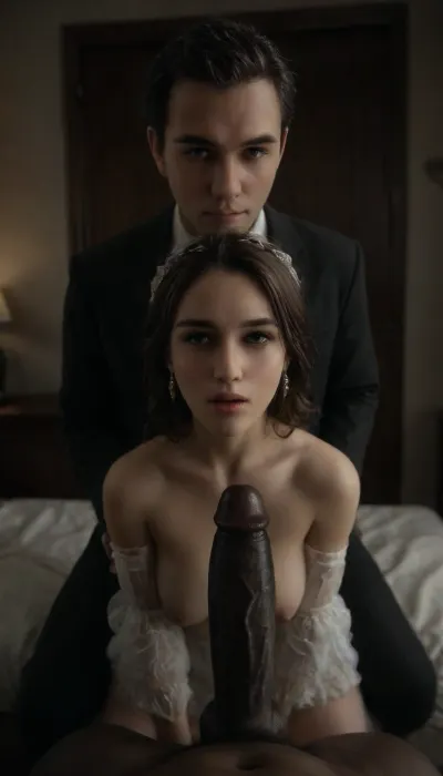 (POV of an giant black man with large oily black penis standing in the doorway near the cuckold Groom and bride), (((The white cuckold man is holding black penis and he is happy))), a Curvy Persian bride in a beautiful white slutty and cutout wedding dress sitting on a luxurious bed, ((white cuckold groom in a suit gently hugging her)), sitting on bed, (both looking at each other lovingly), soft candlelight and moonlight glowing in the room, rose petals scattered around, dreamy and intimate atmosphere, fantasy style, highly detailed, A romantic bedroom scene, cinematic lighting, romantic_couple_poses, green, eyes, blue, brown, perfecteyes, <lora:dark:.6>, <lora:1365620_training_data:1.1>, <lora:PerfectEyesXL:.8>, <lora:BBCBJ:.8>