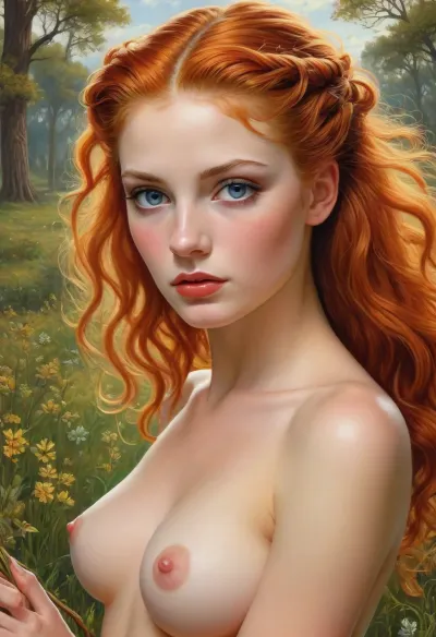 masterpiece, best quality, outdoors, grass, field, 1girl, solo, (naked:1.3), looking at viewer, long hair, ponytail, blue eyes, orange hair, very long hair, brown hair, magical girl, (style Michael Cheval:1.5), J.C., Leyendecker, Style, page, artxldnclmntl, <lora:J.C. Leyendecker Style:.8>, <lora:551508_training_data:.9>