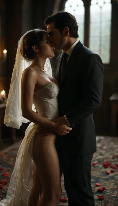 (a giant black man with large oily black penis fuck the bride's wet pussy), cum dripping pussy, (((The young Iranian white cuckold man is holds bride's legs to make it easier to fuck))), a Curvy Persian bride in a beautiful white slutty and cutout wedding dress on a luxurious bedroom, ((white cuckold groom in a suit gently hugging her)), (both looking at each other lovingly), soft candlelight and moonlight glowing in the room, rose petals scattered around, dreamy and intimate atmosphere, fantasy style, highly detailed, A romantic bedroom scene, cinematic lighting, romantic_couple_poses, green, eyes, blue, brown, perfecteyes, <lora:1365620_training_data:.8>, <lora:PerfectEyesXL:.8>, <lora:MJ52:.7>, <lora:dark:.4>