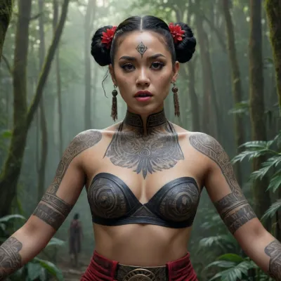 A beautiful young Maori women in traditional clothing and Maori tattoos dance a Maori haka in the jungle, fantasy art, cyberpunk art, by Tang Di, takato yamamoto aesthetic, by tom bagshaw, ancient chinese goddess, style of tom bagshaw, cyberpunk geisha, UHD, 4K, perfect fingers