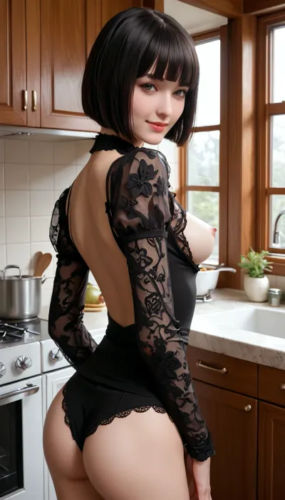 1950s skinny milf, black lace, normal breasts, smile, looking at viewer, wide hips, indoors, kitchen, slim, black hair, lips, bob cut, blunt bangs, ass, booty, pose, normal tits, cutout, clothing, nipples, <lora:2BoutOvalSDXL2-000002:.1>