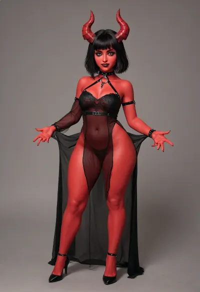 (1girl), demon girl, evil smile, full body, straight demon horns, sexy Fantasy outfit, slutty clothes, no underwear, ((see through outfit)), revealing, emo and goth accessories, (thick hips), black hair, (red skin), Wide hips, makeup, thick eyebrows, eyeshadow, lips, simple abstract background, Perfect Hands