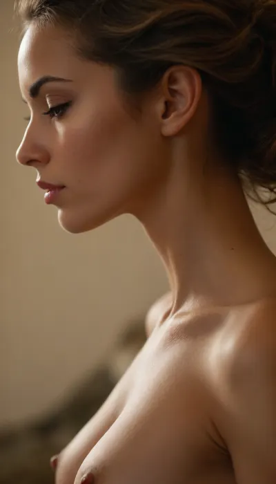 (avant-garde artistic study of the female form in profile, intimate portrait:1.6), (beautiful woman's chest and elegant jawline:1.4), (focus on breasts, face out of frame:1.5), (soft breasts, natural breasts), (emphasize feminine beauty, female form in profile:1.3), (warm and inviting color palette:1.2), (subtle contrasts:1.1), (contrasting soft shadows:1.1), (sense of intensity and introspection:1.3), (shallow depth of field:1.4), (dramatic lighting:1.3), (blurred background:1.1), (detailed skin, maximum skin detail, detailed nipple s:1.3), (natural skin texture, natural hair texture, vellus hairs, goosebumps:1.3), ziprealism