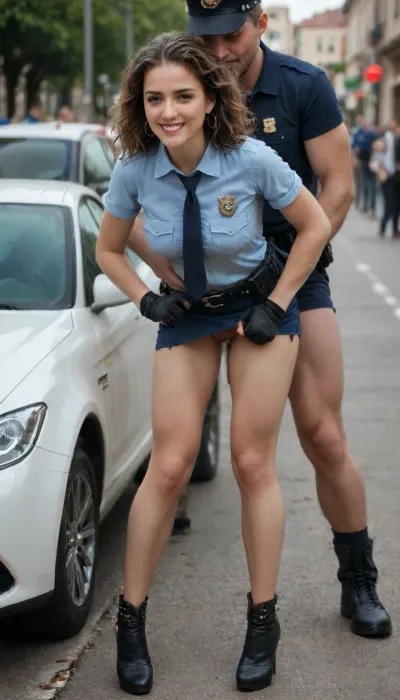 cinematic film still a sharp focus photo of a, Italian female police officer, sex with a muscular man, hetero, leaning over a police car, Rome, street, wearing a blue uniform and a dark gray skirt, boots, dirty torn clothes, with an ammunition belt, a police badge and a walkie-talkie on her belt, tall, slender, shaved pussy, slender legs, bent over, doggy style, flashy makeup, smiling face, crying, tears, high heels, torn clothes, blemish, <lora:polyhedron_all_sdxl-000004:.5>, detailed, eyes, perfect, freckles, skin, texture, photorealistic, <lora:Super_Eye_Detailer_By_Stable_Yogi_SDPD0:.8>