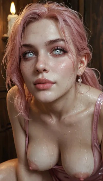 Score_9, european woman, (face closeup:1.13), chubby, cute face, ponytail, messy wet hair, perfect medium breasts, pale pink hair, (pale skin:1.5), transparent pink latex dress, (white eyes:1.3), (dimples:1.5), (puffy areola:1.33), seductive smirk, narrow lips, green makeup, candle light, (under view:1.3), (side view:.4), squatting, <lora:aka-000002:.7>, <lora:EnvyZoomSliderXL01:1>, <lora:765092_training_data:1>, <lora:detailed_notrigger:.8>