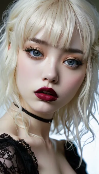 gothic, goth, (asian), pale skin, dark black eyes, black hair, bangs hair, black eyeliner, (black lipstick), white skin, perfect eyes, small eyes, detailed eyes, small nose, good anatomy, ultra detailed, high resolution, fake breasts, slut face, whore, (ahegao:1), sexy posing, (illustration:1), (hand drawn:1), (anime:1), <lora:MJ52:.8>