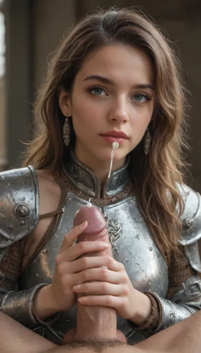 cnfm handjob girls in armor, cumshot, explosive cum, cum body, fullbody, feet focus