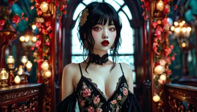 gothic, goth, (asian), pale skin, dark black eyes, black hair, bangs hair, black eyeliner, (black lipstick), white skin, perfect eyes, small eyes, detailed eyes, small nose, good anatomy, ultra detailed, high resolution, fake breasts, slut face, whore, (ahegao:1), sexy posing, (illustration:1), (hand drawn:1), (anime:1), <lora:MJ52:1>, <lora:EnvyZoomSliderXL01:-1>, <lora:detailed_notrigger:1>
